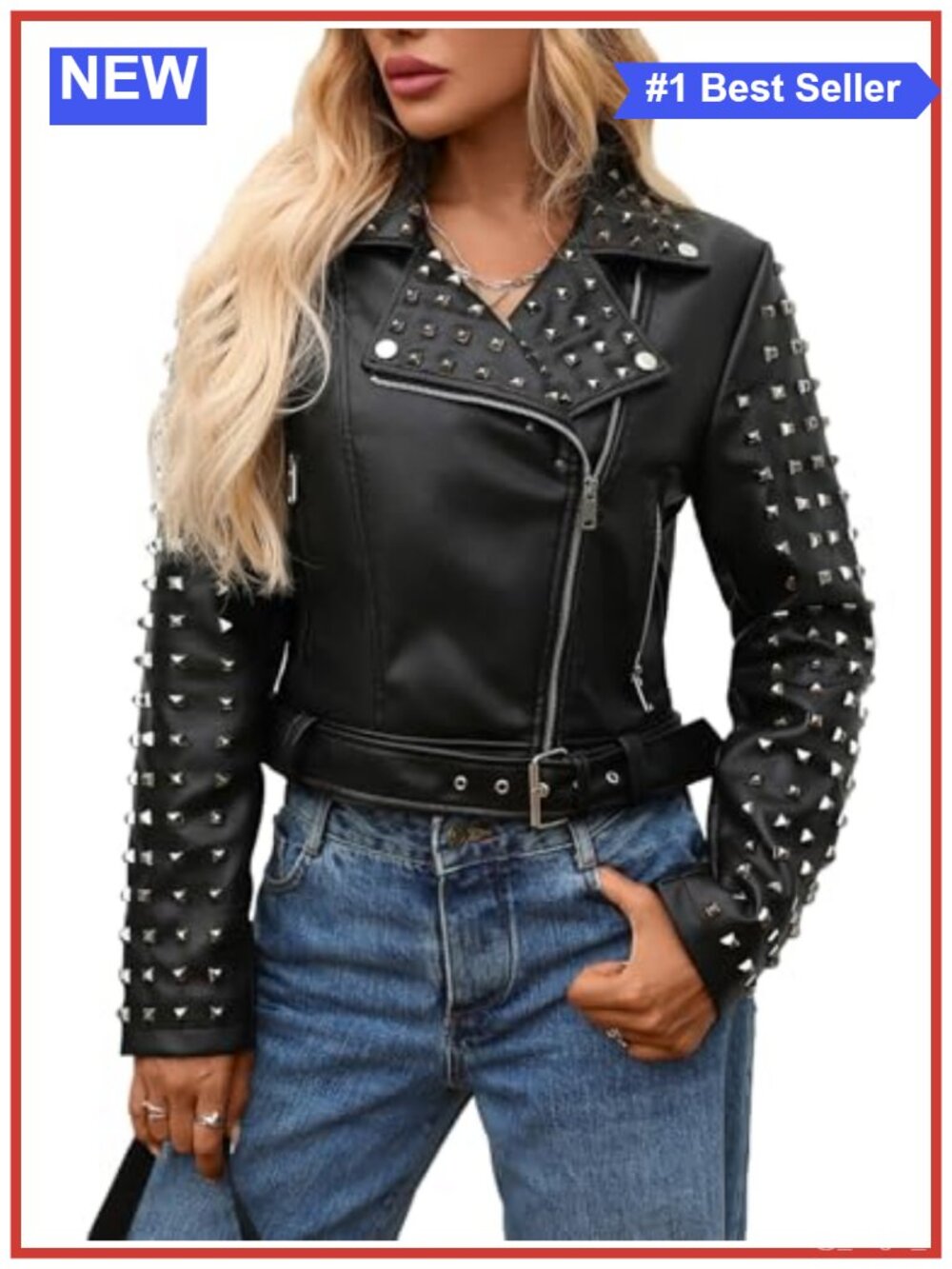 Faux Leather Studded Moto Jacket PU Motorcycle Streetwear Coat